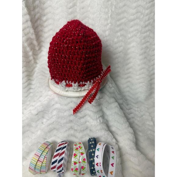 Crochet Beanie newborn - 6 months, red, white, and ribbon accented hat. Handmade - Picture 1 of 7